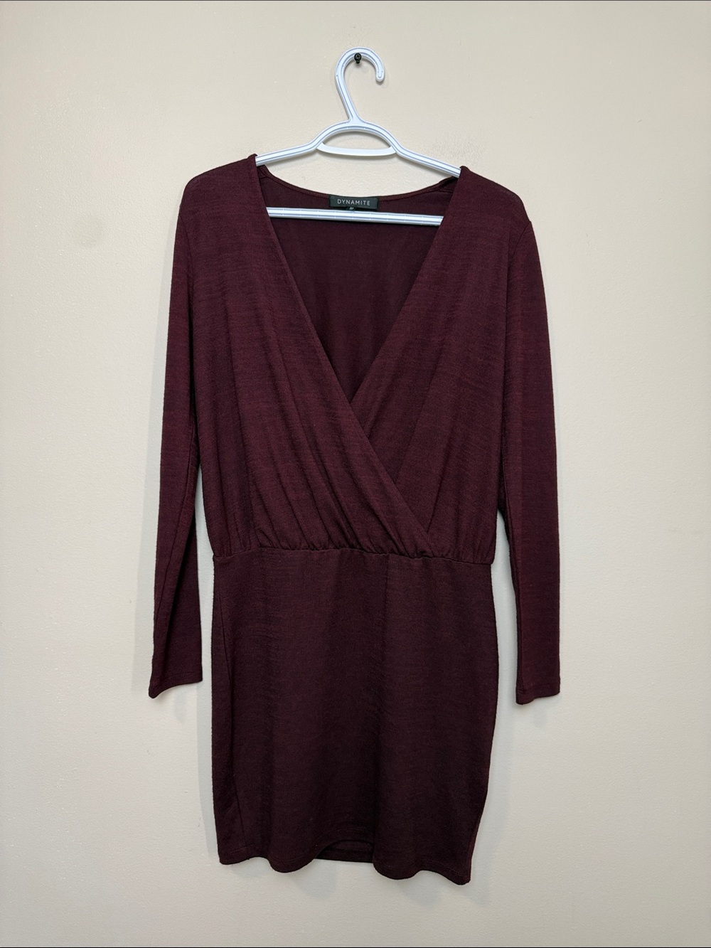 Dynamite Long Sleeve Wrap-Front Dress in Deep Wine size S
